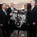 Executives from General Motors and Isuzu Motors Limited celebrate the one-millionth Duramax diesel engine produced by DMAX Ltd., a joint venture between the two companies, at the DMAX plant in Moraine, Ohio Wednesday, May 9, 2007.